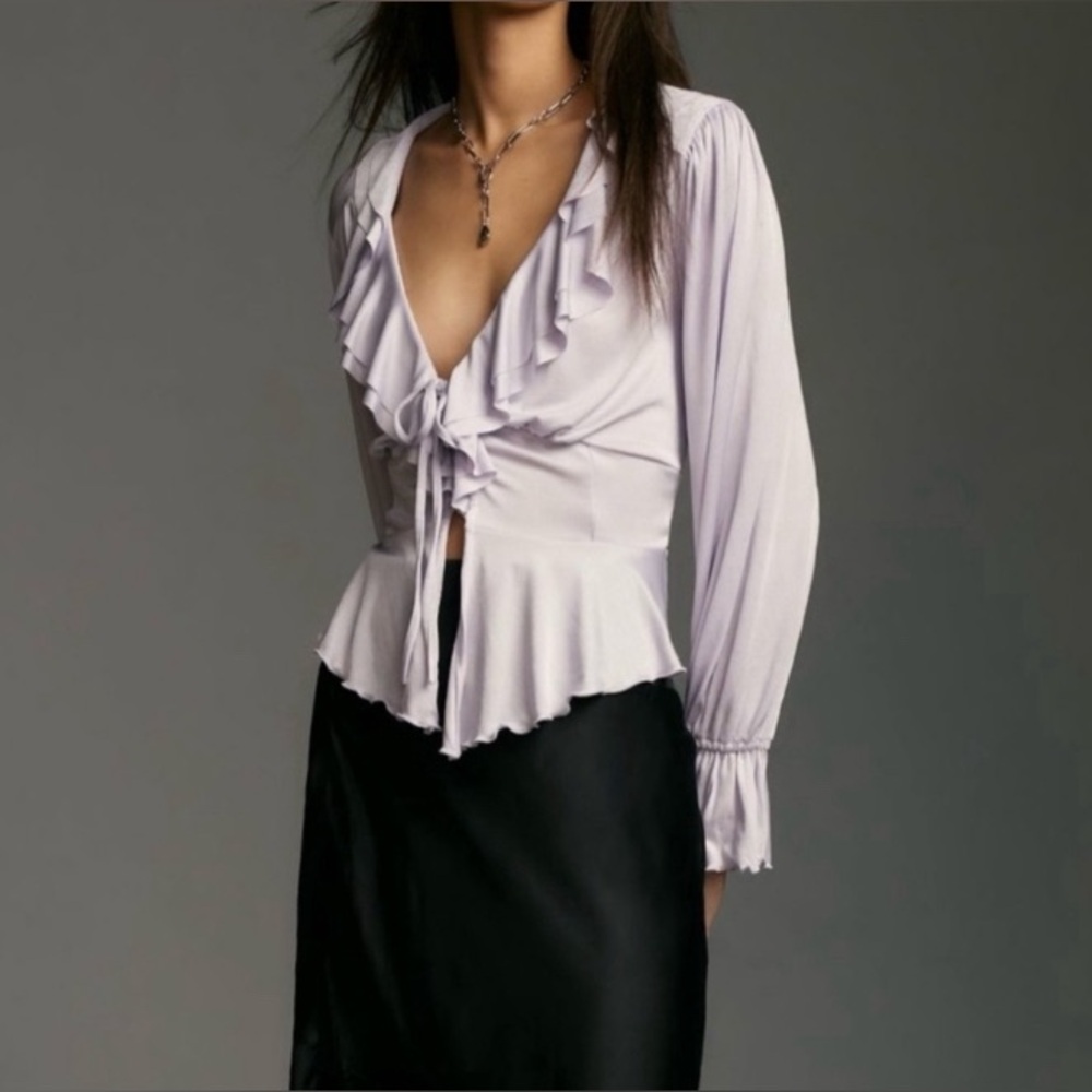 NWT Anthropologie Ruffle Tie Front Blouse Top Lavender XS